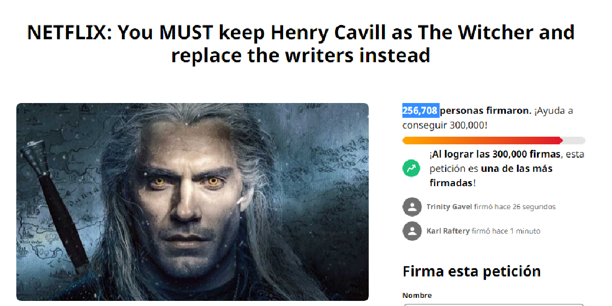 Llega a 250 mil firmas petición por el regreso de Henry Cavill a la serie de The Witcher. Noticias en tiempo real