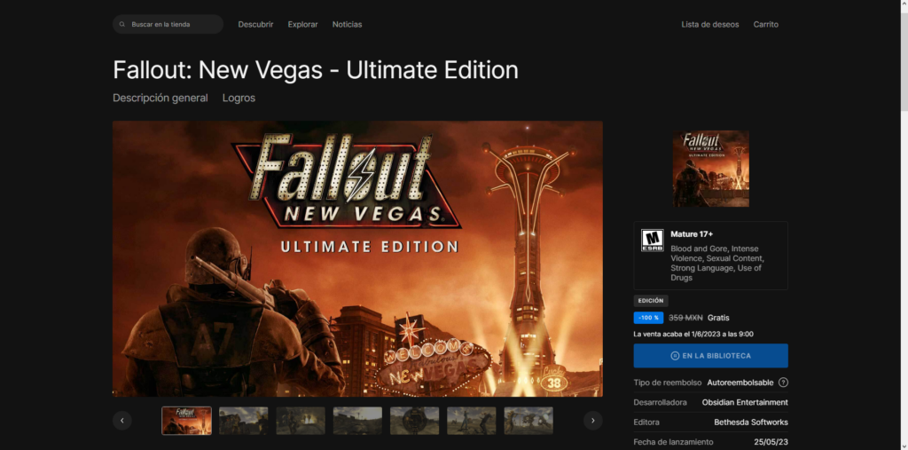 videojuego gratis fall out new vegas ultimate edition epic games